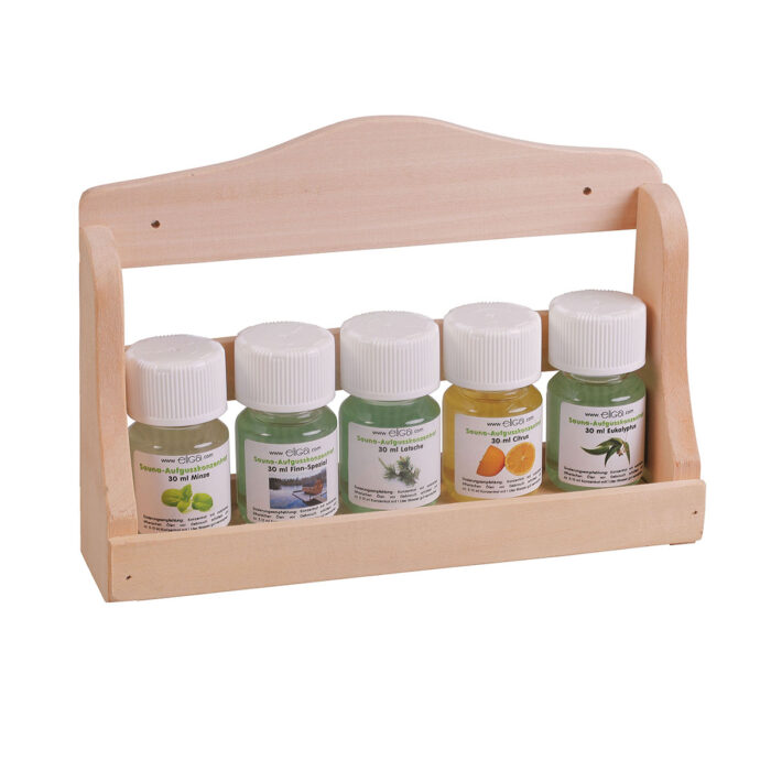 Aufgusskonzentrate 5 Flaschen je 30 ml mit Wandregal aus Holz
